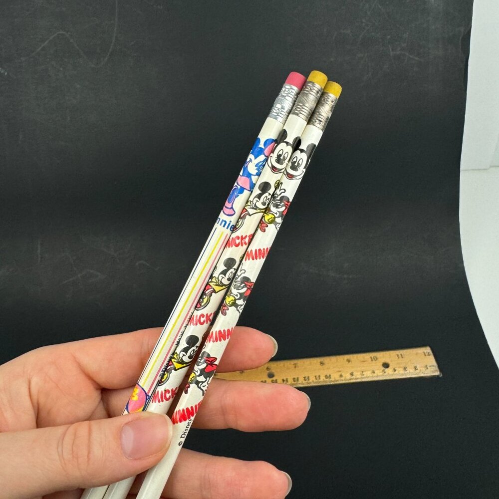 Vtg 3 Used Sharpened Disney Mickey Minnie Mouse Wood Pencils Collect Made in USA